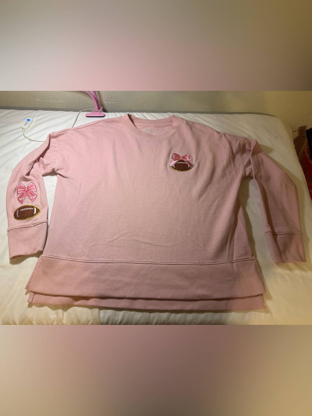 Time and Tru Light Pink Sweatshirt with Bow & Football Appliqués